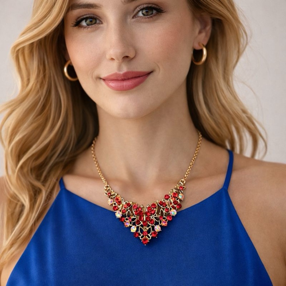 Betsey Johnson Gold Tone Red Iridescent Rhinestone Butterfly Statement Necklace